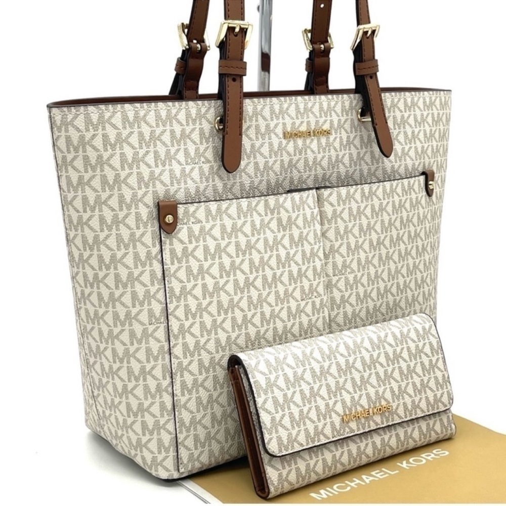 Michael Kors Medium Double Packet Tote Bag & Trifold Wallet Vanilla/Brown